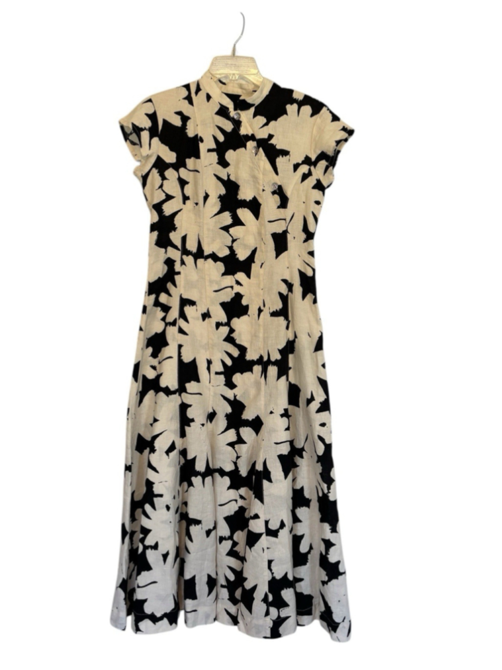 BITTE KAI RAND Linen Dress Black White Floral Cap Sleeve Scandi Midi Sz Small